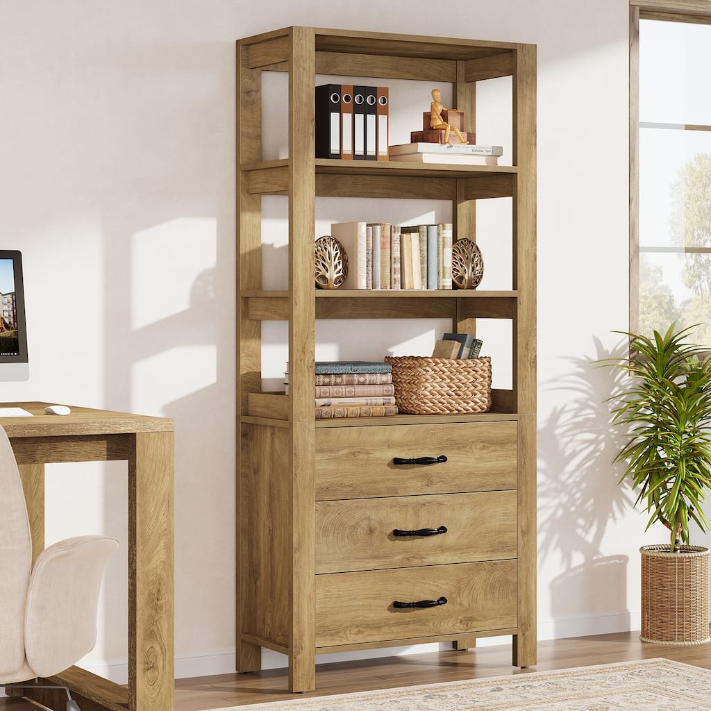 Modern 4-tier Tall Bookcase with Drawers and Open Display Shelf - 13.78" D x 31.5" W x 70.9" H