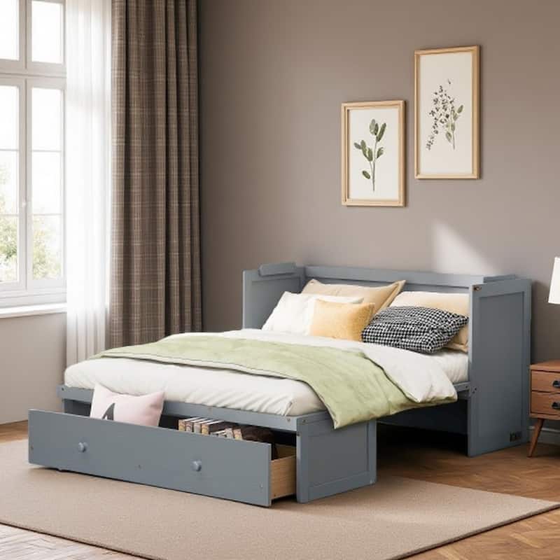 Queen Size Murphy Bed Cabinet with USB Charging Ports and Storage Drawer, Foldable Space-Saving Design with Pine Wood Frame - Gray - Queen