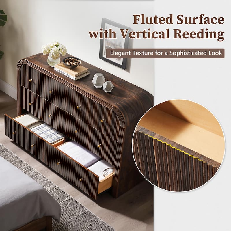 Modern Fluted 6 Drawers Dresser, Wood Chest of Drawers for Bedroom