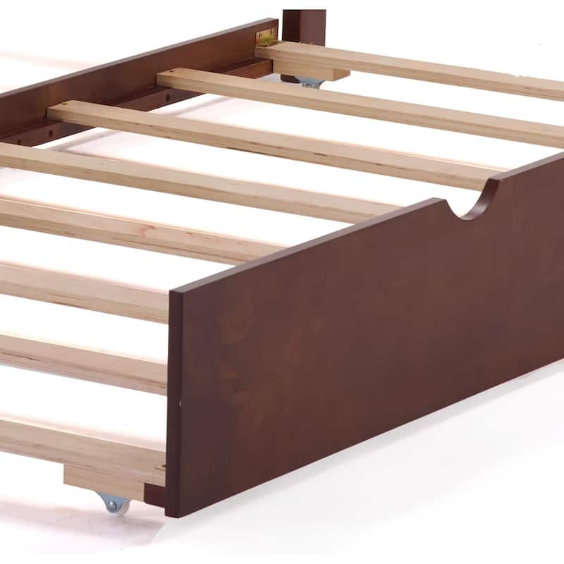 Twin Daybed with Trundle & Guardrails - Brown Pine Wood Bed Frame, 350lbs Capacity, Space-Saving for Guest/Kids Room