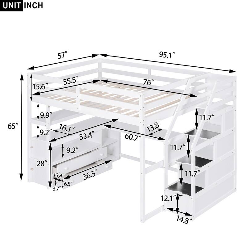 Twin/Full Size Stairway Loft Bed with Built-in Desk with Two Drawers, Solid Wood Bed Frame with Storage Shelves for Kids Teens