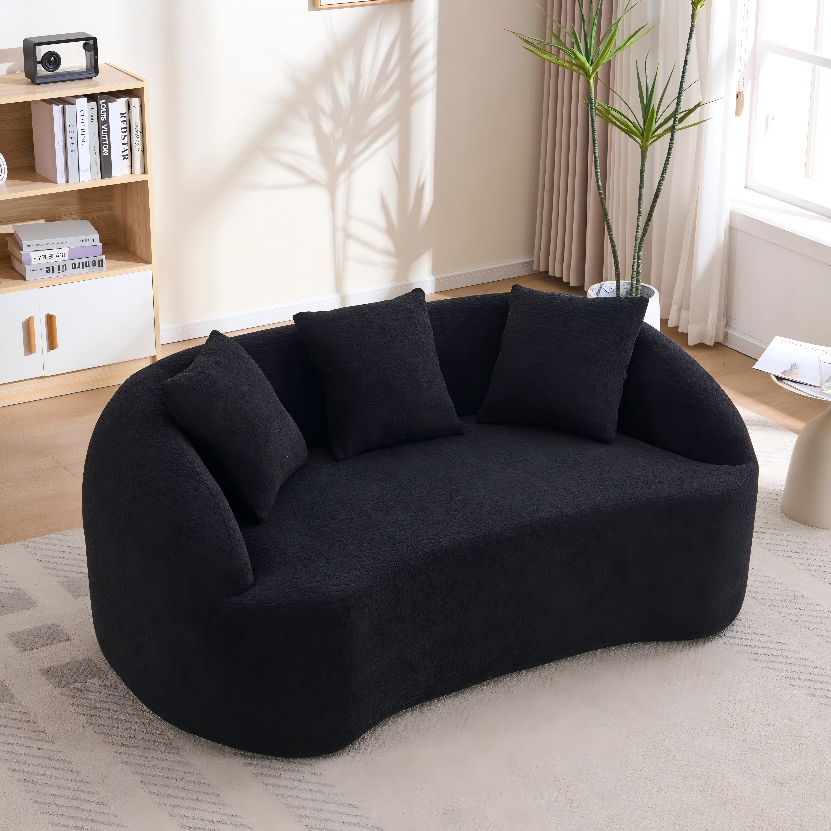 Black Loveseat Sofa Couch Sleeper Sofa Couch with 3 Pillows, Luxurious Upholstered 2-Seater Sofa Couch