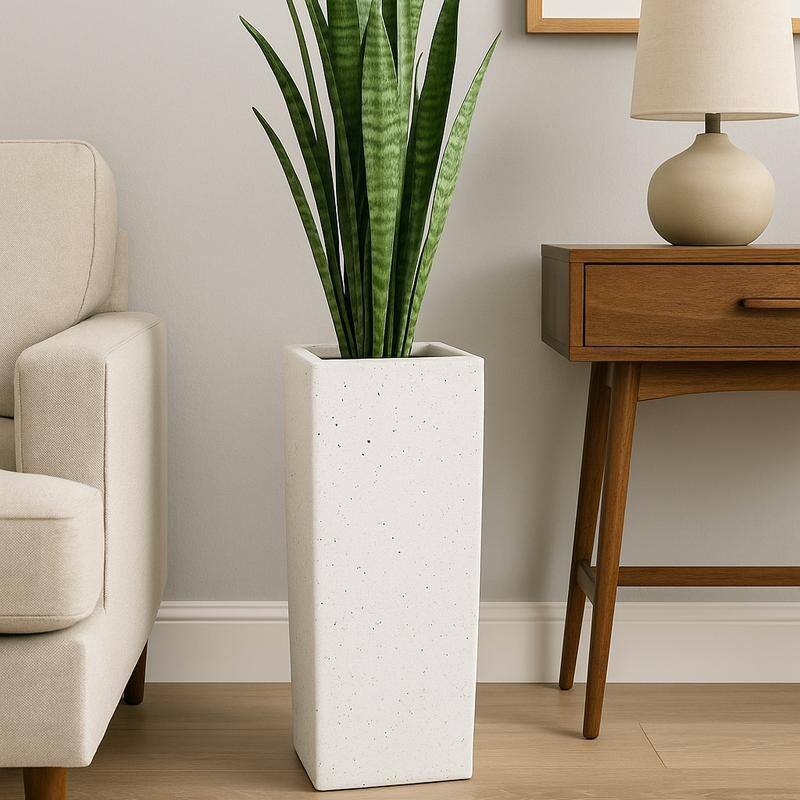 Terra Modern Tall Square in Fiberstone and MGO Clay Planter With Drainage Holes for Home Garden Yard Office Porch Patio
