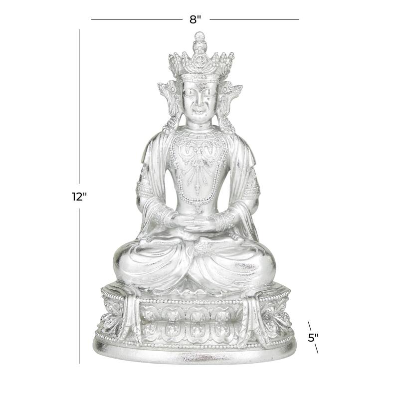 Silver Resin Bohemian Buddha Sculpture with Engraved Carvings and Relief Detailing