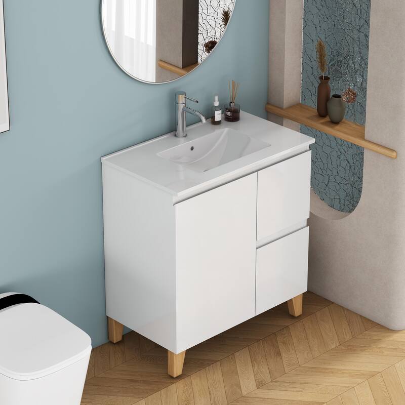 30" Wall-Mounted Bathroom Vanity With Ceramic Art Sink & 2-Soft-Close Door, KD-Packing, Plywood