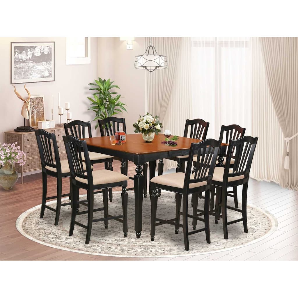 HomeStock 9-Piece Square Black Finish Solid Wood Top Dining Table with 8-Chairs with Lattice Back