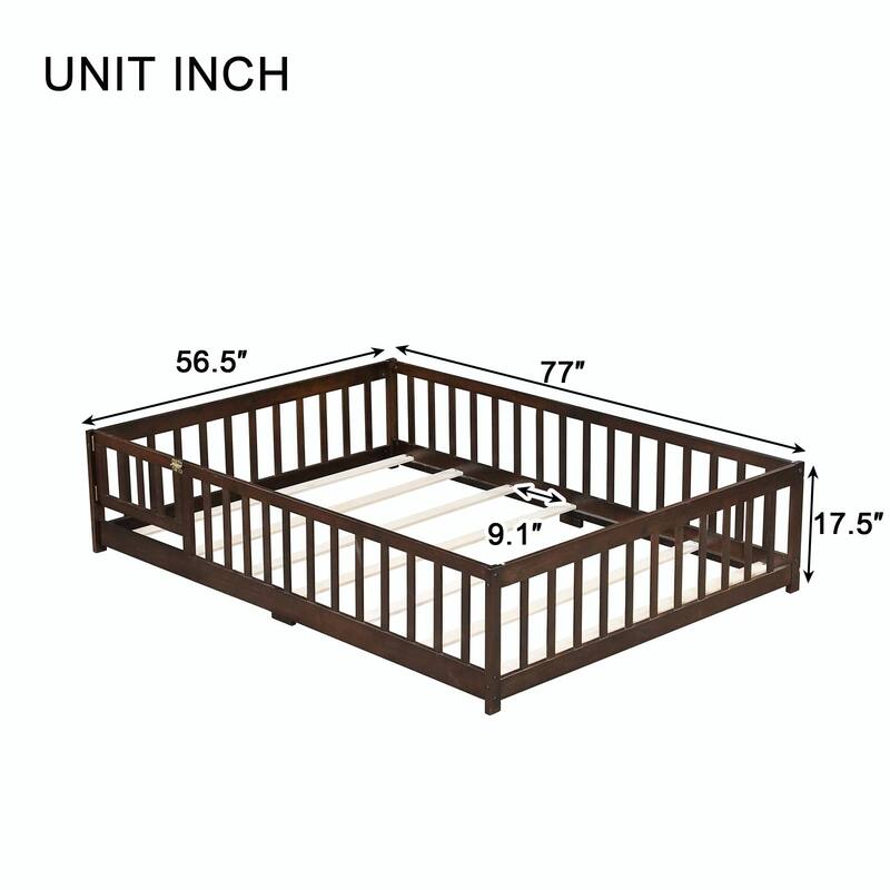 Floor Bed with Fence and Door, Rubber Wood Floor Bed with Safety Guardrails