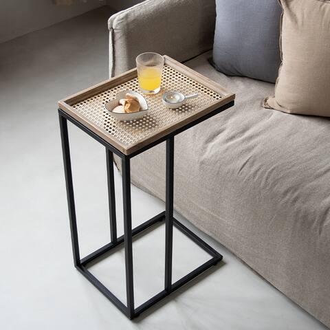 COZAYH Farmhouse C Table End Table, Metal Distressed Woven Pattern Tray Top Snack Side Table