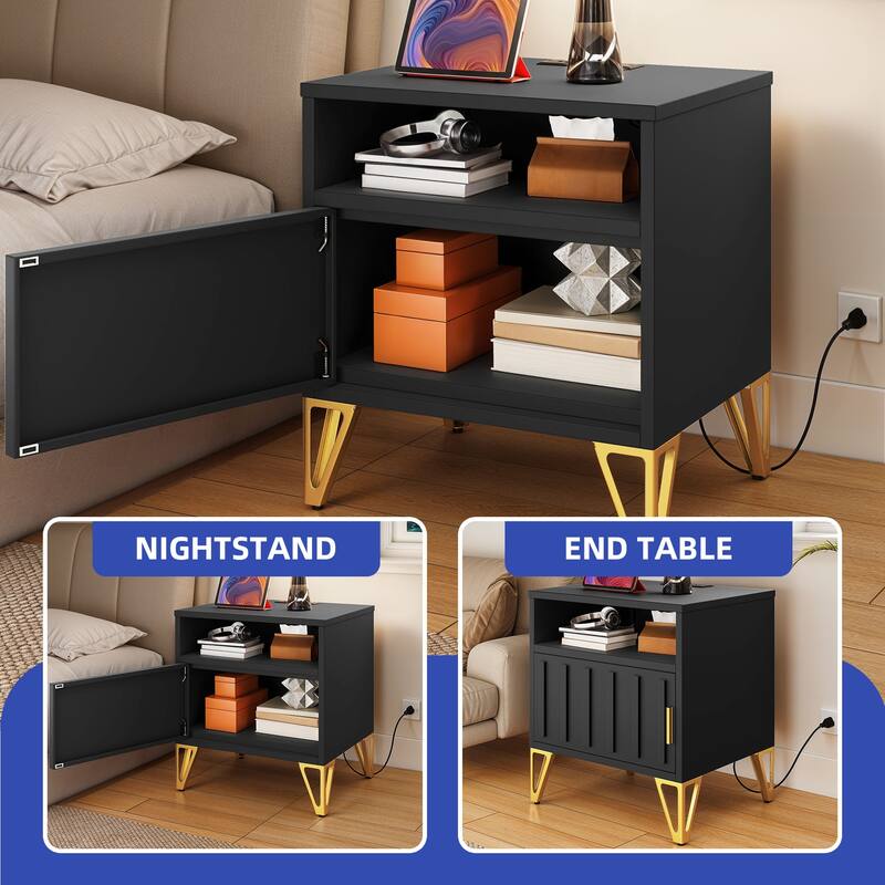 Moasis Set of 2 Black Nightstand with Embedded USB & AC Charging Station
