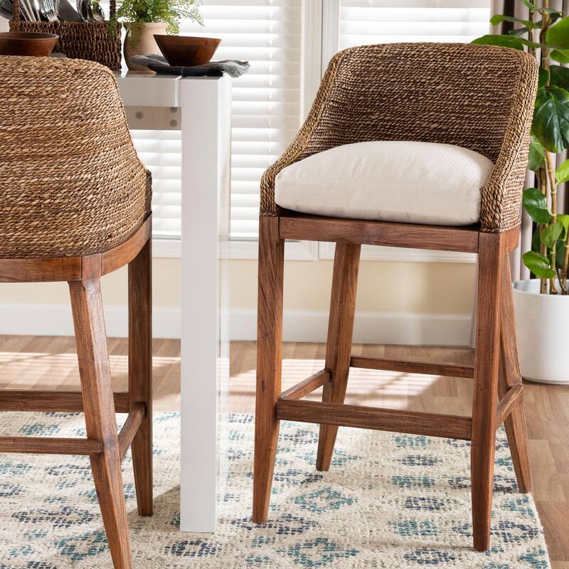 Jasper Seagrass Bar Stool with Mahogany Wood Frame - Coastal Seating with Woven Wingback and Cushioned Seat for Bar Island