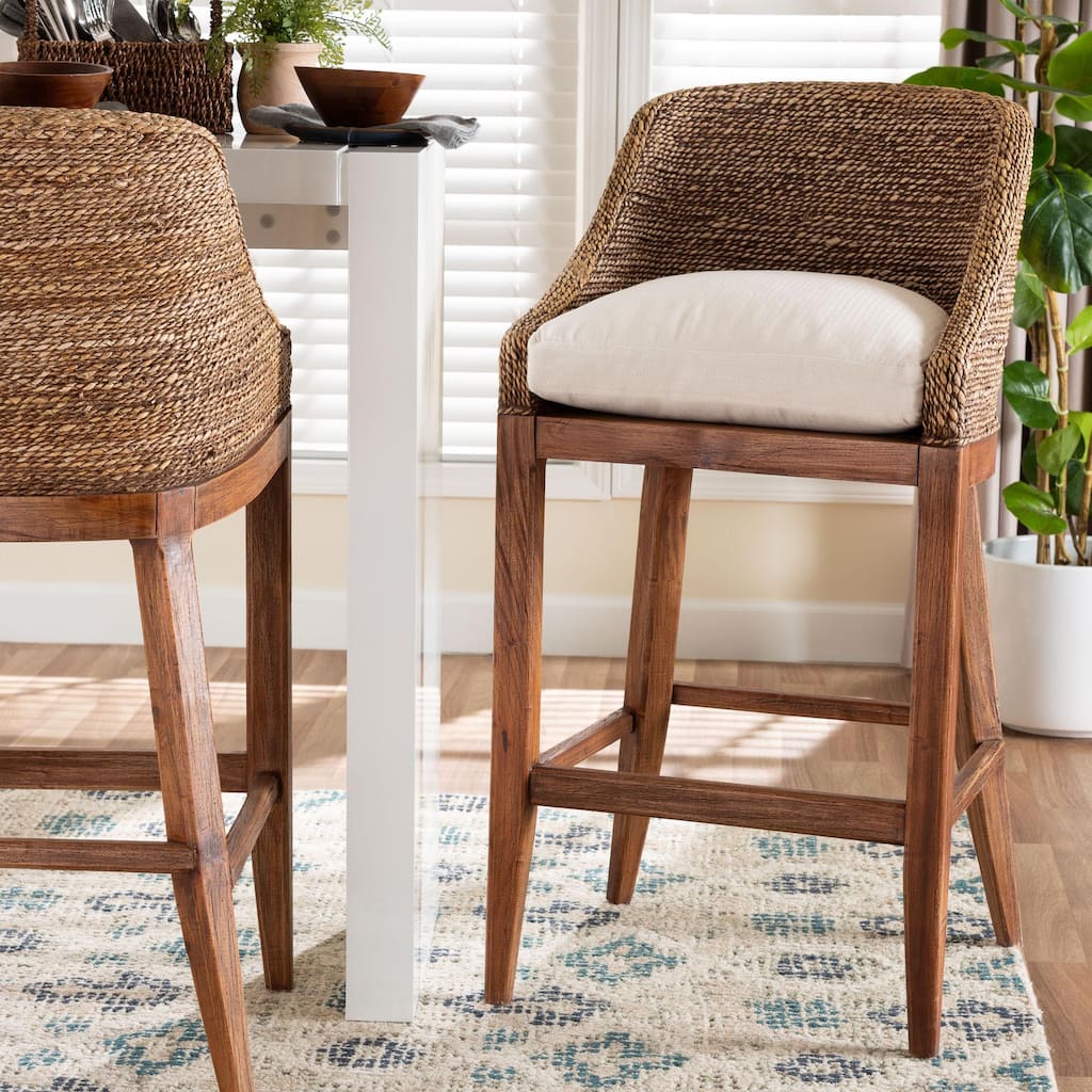 Jasper Seagrass Bar Stool with Mahogany Wood Frame - Coastal Seating with Woven Wingback and Cushioned Seat for Bar Island
