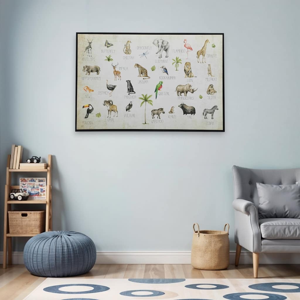 HomeRoots Jungle Animals Alphabet Black Floater Frame Wall Art