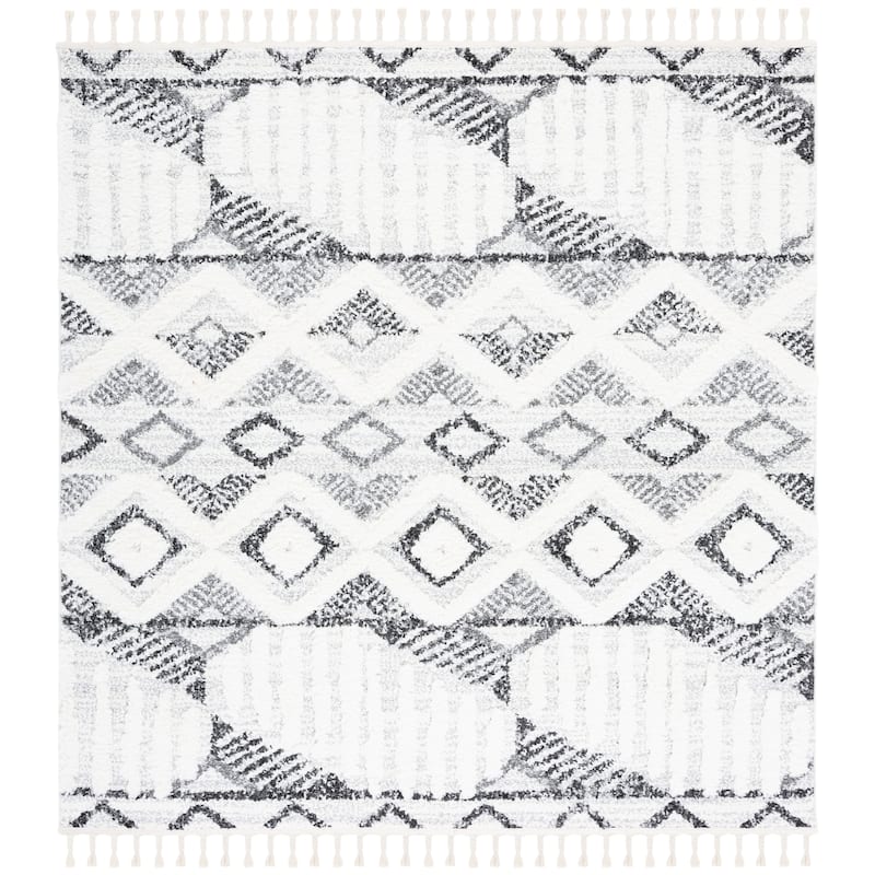 SAFAVIEH Moroccan Tassel Shag Margarite 2-inch Thick Rug - 6'7" Square - Ivory/Grey