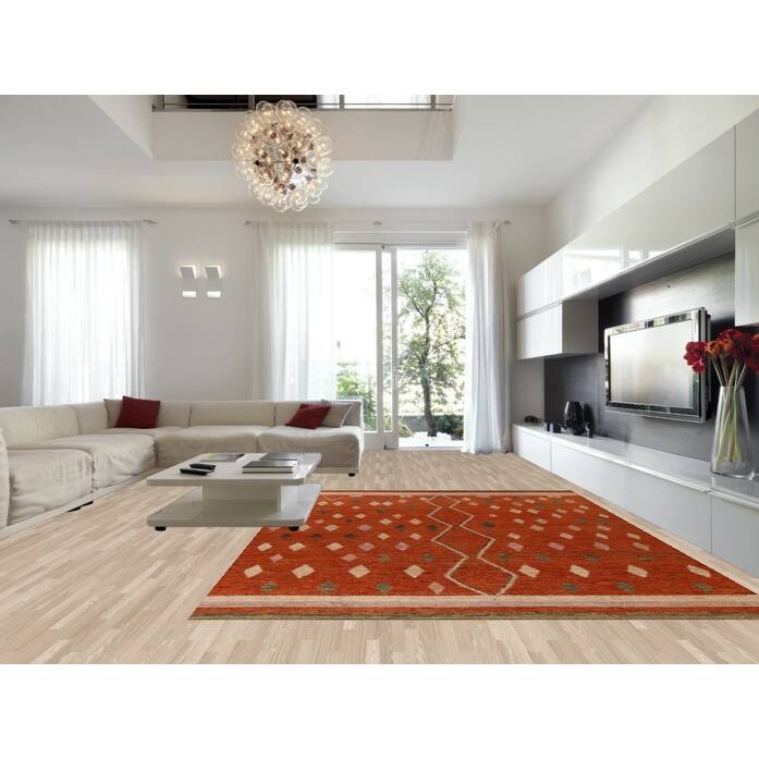 Orange Moroccan Oriental Large Rug Hand-Knotted Wool Carpet - 10'2" x 13'10"