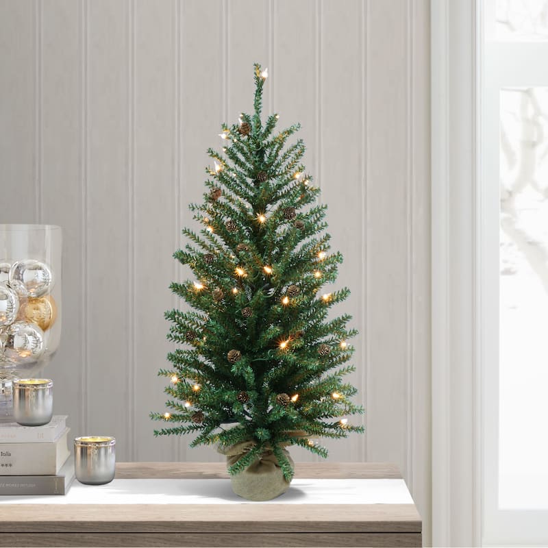 Puleo International Pre-Lit 3' Fir Artificial Christmas Tree with Pines Cones