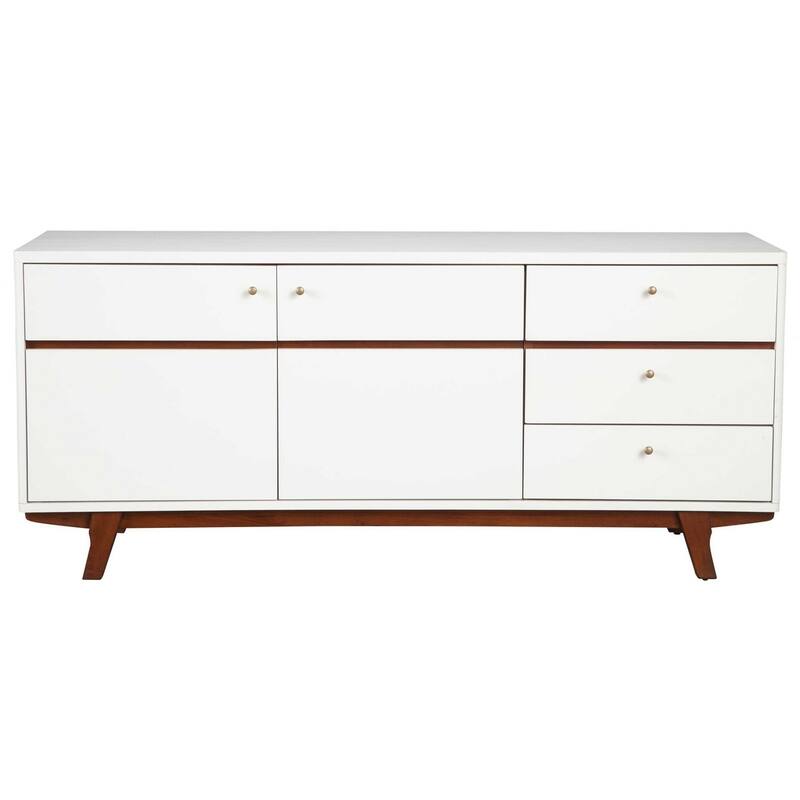 White Mid Century Mod TV Console with Acorn Accents - 28.5" x 64.5" x 18"