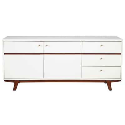 White Mid Century Mod TV Console with Acorn Accents - 28.5" x 64.5" x 18"