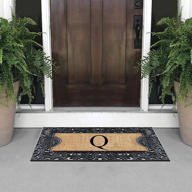 A1HC Floral Border Rubber and Coir Large Outdoor Durable Monogrammed Doormat, Black - 23" X 38"