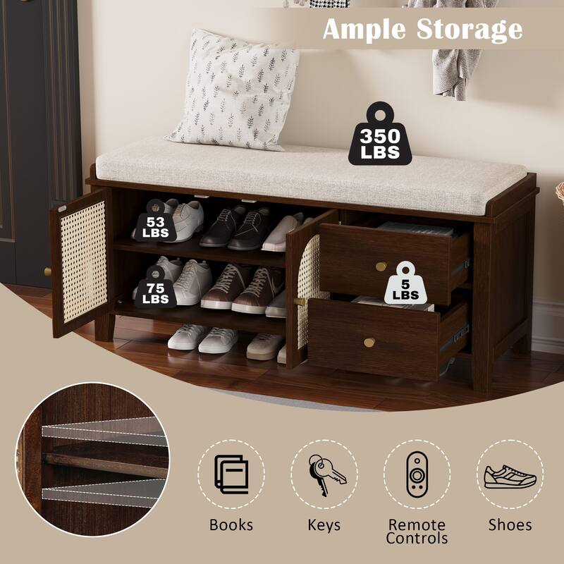Wood Frame Bench with Shoe Storage, Shoe Bench with Rattan Arched Door and 2 Drawers Entryway Fabric Upholstered Bench