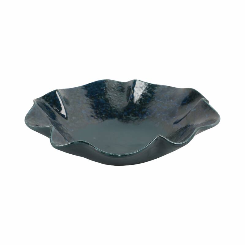 Decorative Round Wavy Edge Glazed Pottery Bowl - 16", Blue - 15.5"