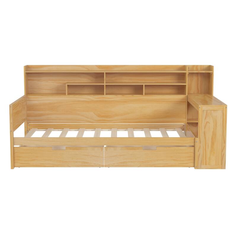 Twin Size Wooden Daybed Platform Bed with Recessed Desk Storage Shelves and 2 Drawers Under Bed for Compact Spaces, Bedroom