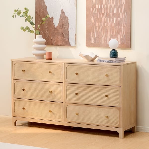 slide 2 of 8, Elio Rattan 6 Drawer Dresser with Brass Knob Blonde - 6-Drawer