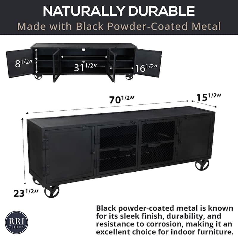 Industrial Black Metal TV Stand - 70.5" Entertainment Console with Storage, Grated Doors & Locking Wheels