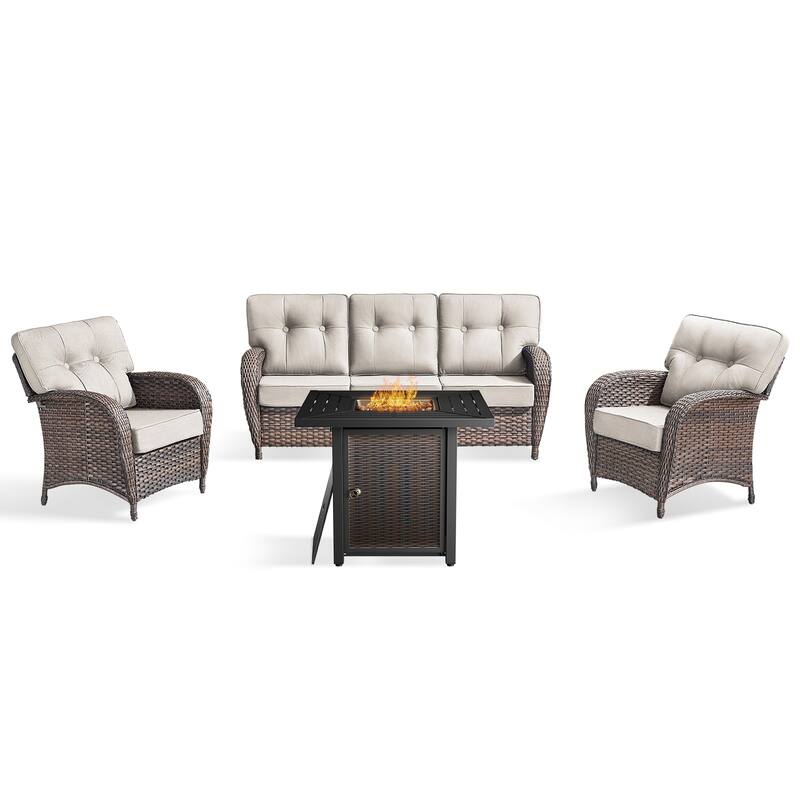 Pocassy Outdoor 30 In Fire Table with Sofa Patio Chair Set