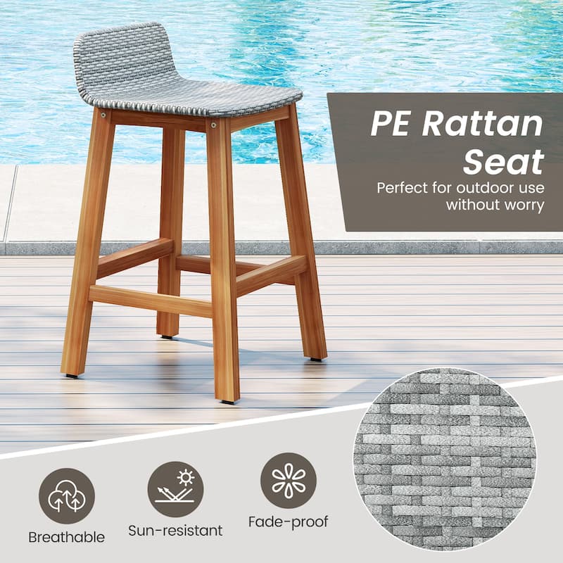 Gymax Solid Acacia Wood Bar Stools Set of 4 Rattan Bar Height Patio