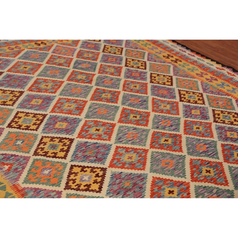 Colorful Trellis Kilim Oriental Rug Flatweave Geometric Wool Carpet - 8'5"x 10'3"