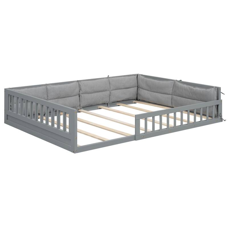 Wooden Upholstered Platform Bed with Guardrails and Pillows