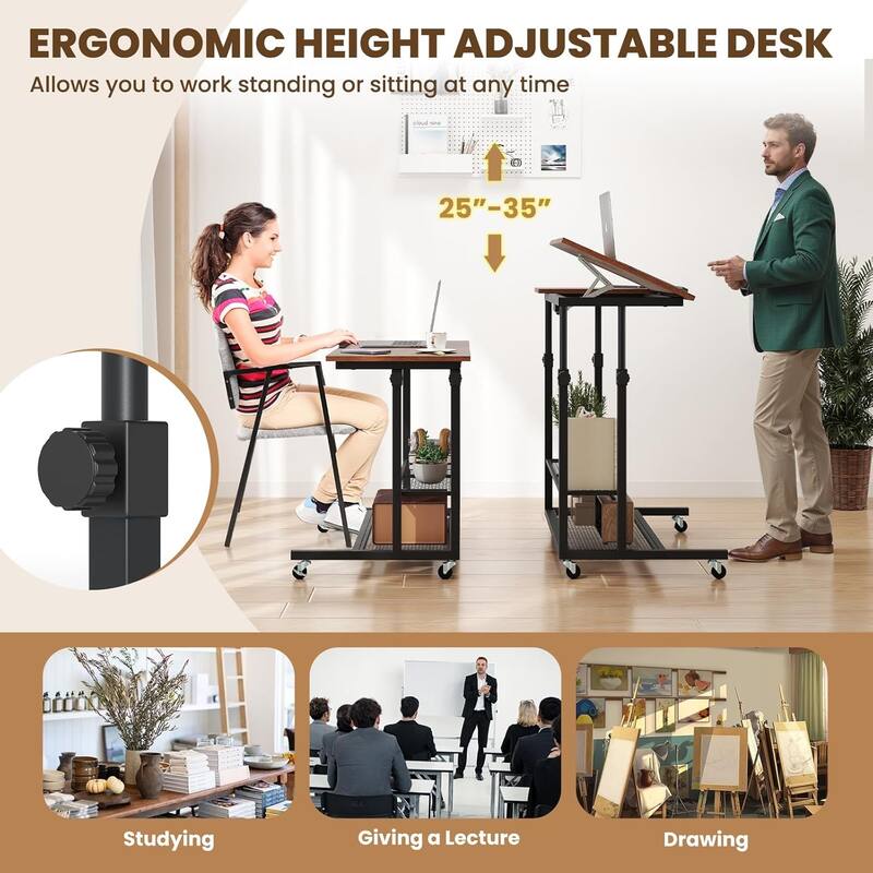 Mobile Standing Desk Adjustable Computer Desk w/Tilting Desktop