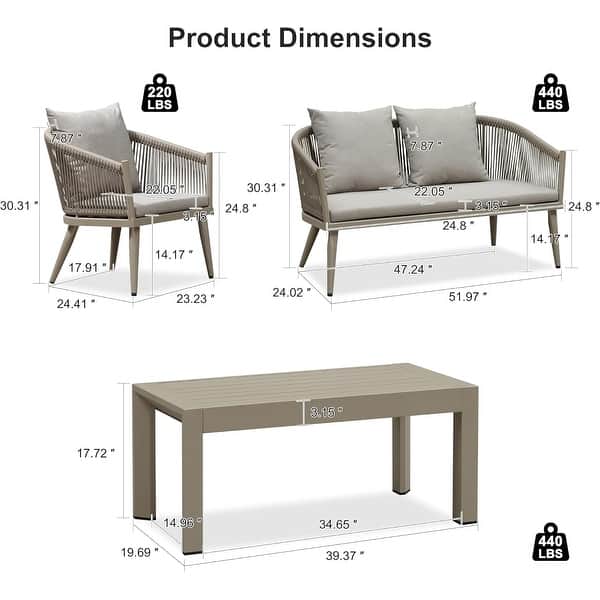 dimension image slide 2 of 3, PURPLE LEAF 4-Piece Wicker Outdoor Patio Furniture Set Aluminum Rattan Sofa