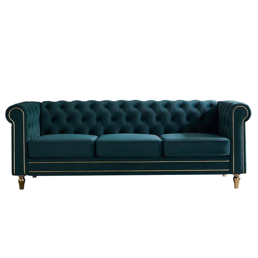 Chesterfield Velvet Sofa with Golden Decorative Strip for Living Room