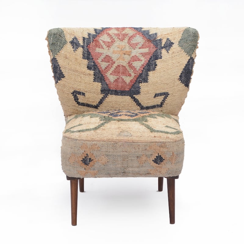 HomeRoots 26" Beige Blue and Red Jute Southwestern Wingback Chair - 26' X '30' X '30