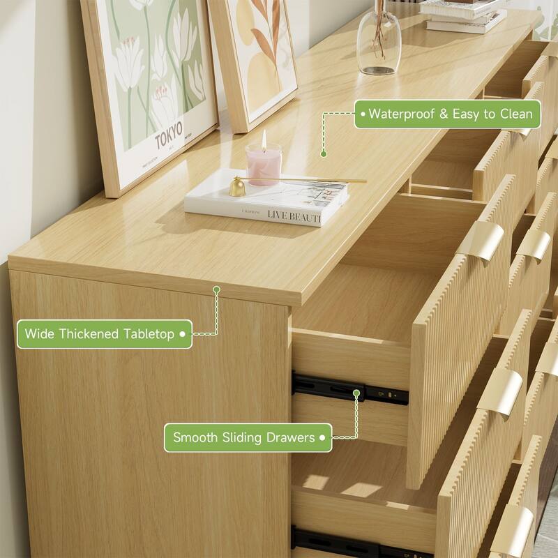 Gymojoy 9 Drawer Dresser, 63" Wide Fluted Wood Chest of Drawers with Gold Handles, Modern Storage Organizer for Closet