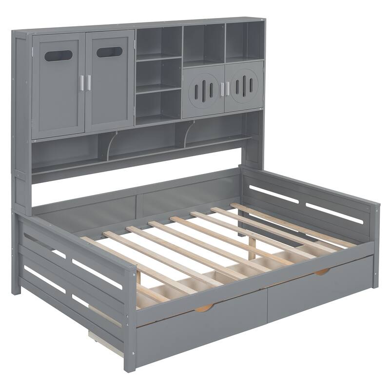 Full Size Daybed with 2 Drawers and Shelves, Wooden Platform Bed Frame with Bookcase Headboard and All-in-One Storage Cabinet