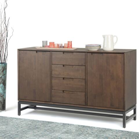 WYNDENHALL Devlin SOLID HARDWOOD and Metal 60 inchWideRectangle Industrial Sideboard with Centre Drawers in Walnut Brown
