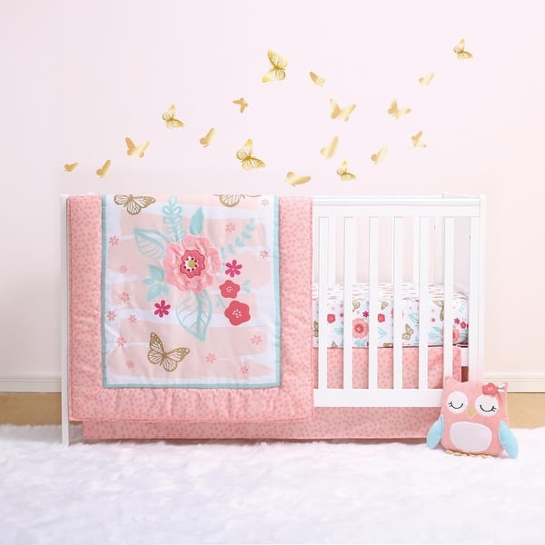 slide 2 of 4, The Peanutshell Aflutter Pink/Aqua/Gold 3 Piece Baby Crib Bedding Set