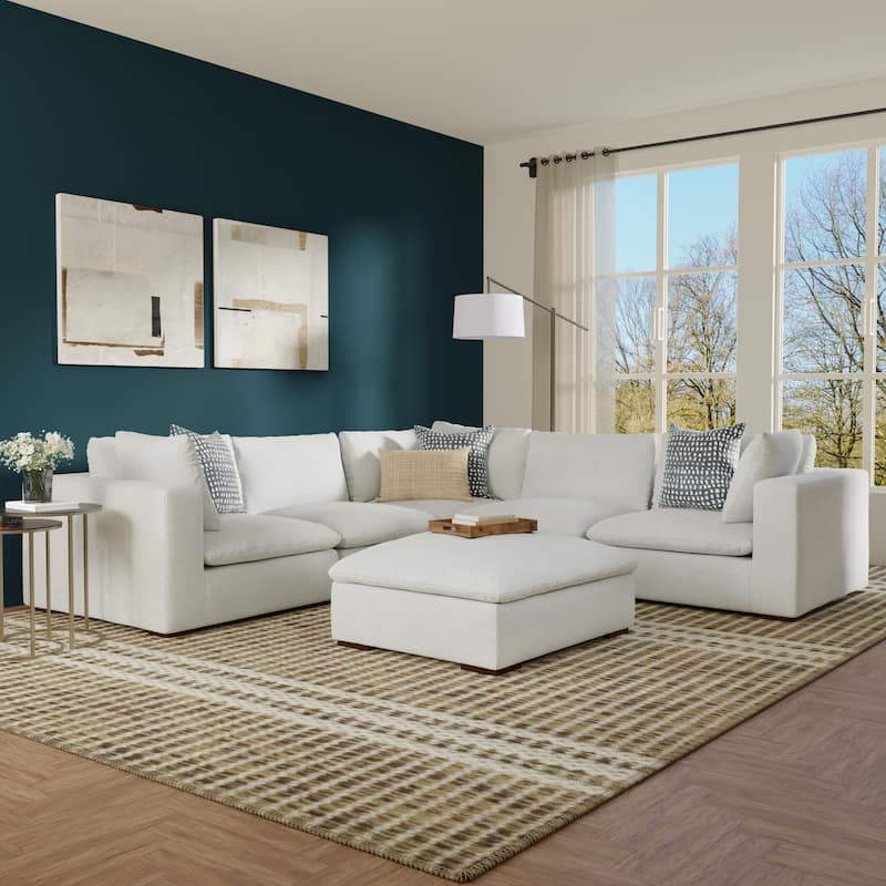 WyndenHall Marlee Corner Sectional Modular Sofa and Ottoman Set in Velvety Chenille Performance Fabric - Cloud Grey