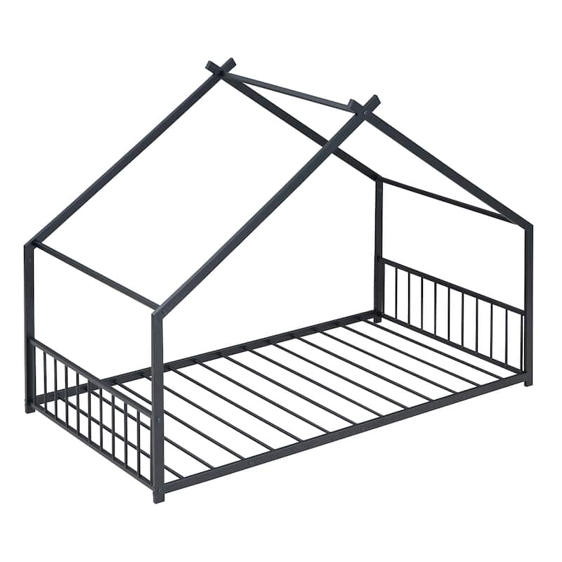 Black Twin Size Metal House Bed with Roof, Fence, and Back