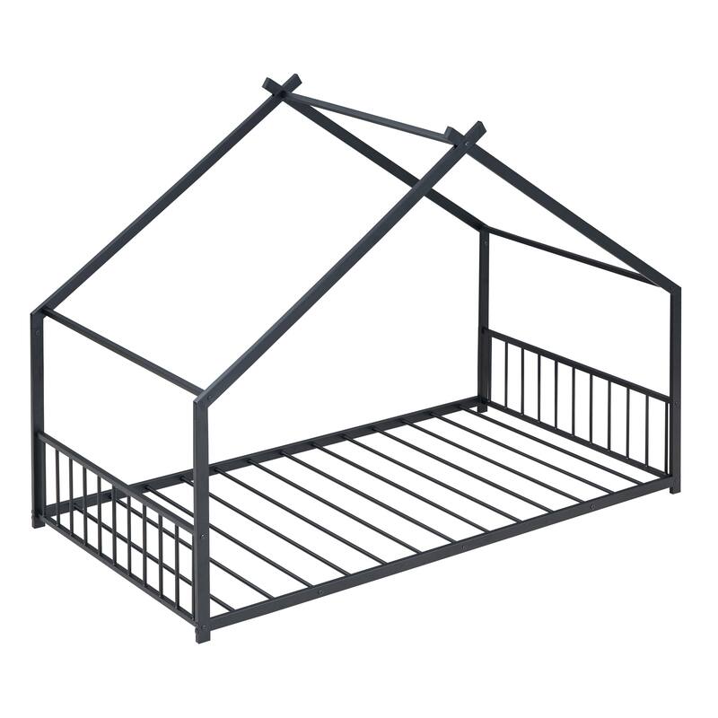 Twin Size Metal House Bed with Roof for Kids, Sturdy Frame, No Box Spring Needed