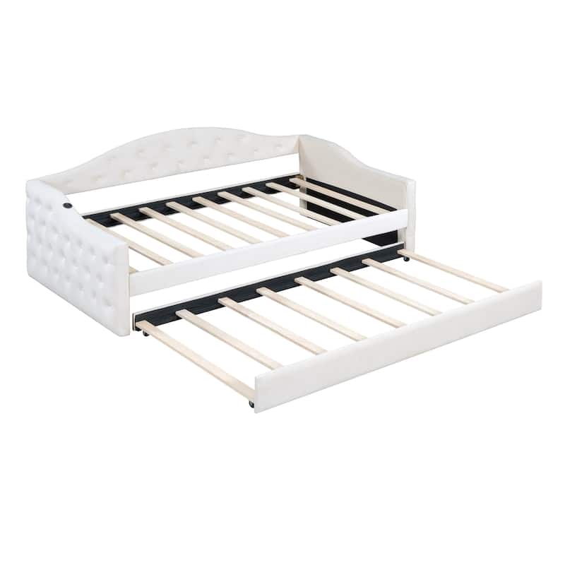 Beige Twin Wood Daybed with Multi-Storage Shelves and Charging Station
