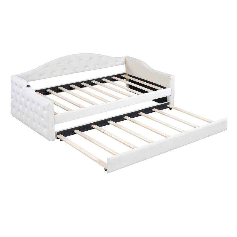 Tufted Upholstered Daybed with Trundle, USB and Type-C Charging Ports