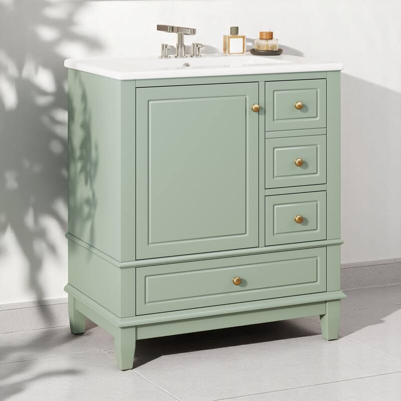 30" Freestanding Bathroom Vanity with Sink, One Door Cabinet and 3 Drawers, Solid Wood Frame & MDF Board - Light Green