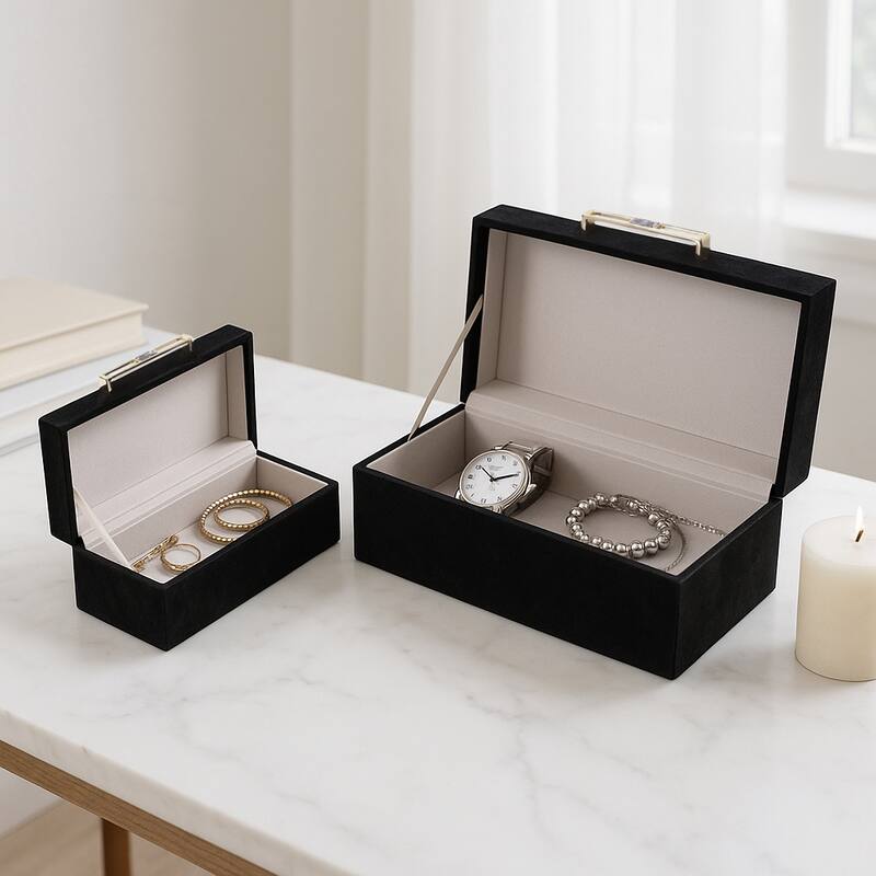 Wood Decorative Boxes Metal Handle with Lid (Set of 2) - 4/6" Black - 14" x 8" x 6"