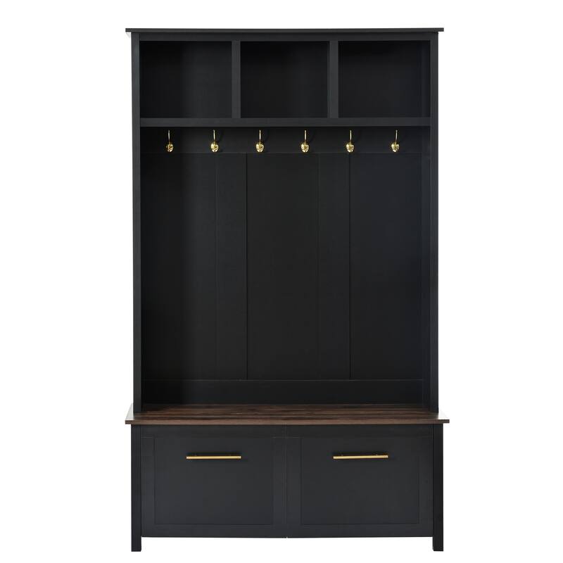 Versatile 4-in-1 Wood Coat Rack with 6 Golden Hooks and 2 Drawers