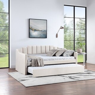 Twin Size Platform Bed With Trundle, Armrest Velvet Upholstered Tufted ...
