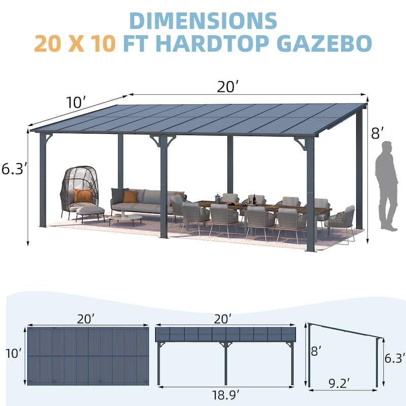 10X20Ft Outdoor Pergola Gazebo, Wall Mounted Lean to Awning Gazebo
