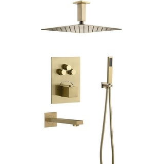 Brushed Gold Mount 12 inch Rainfall Shower Head 3 Way Thermostatic ...